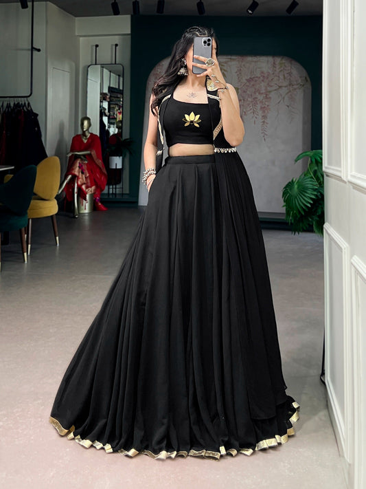 Black Elegant Lotus Handwork Navratri Wear Lehenga Set with Jacket