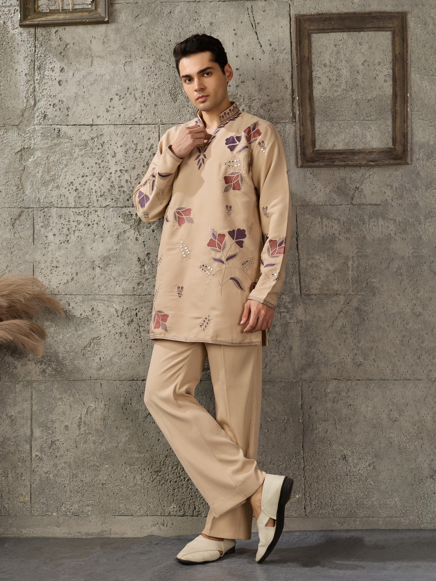 Beige V Neck Embroidered Kurta Set | Tulip Designer