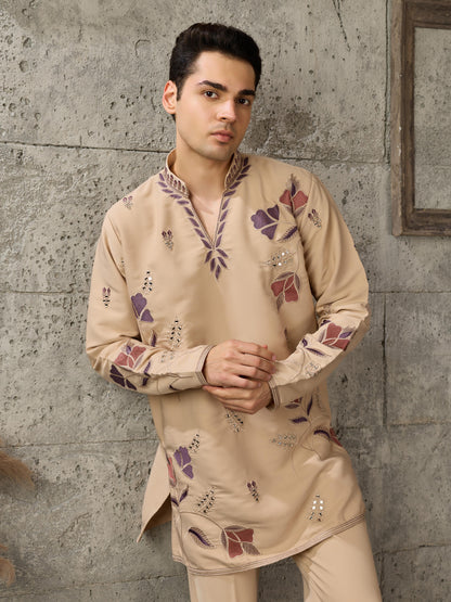 Beige V Neck Embroidered Kurta Set | Tulip Designer