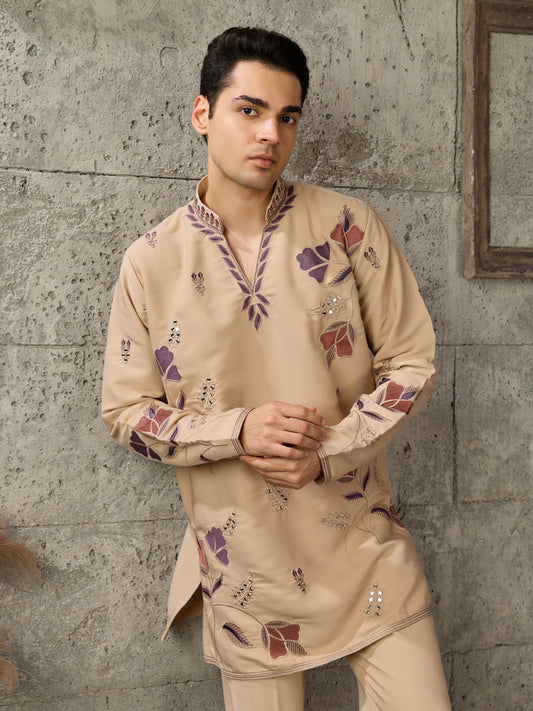 Beige V Neck Embroidered Kurta Set | Tulip Designer