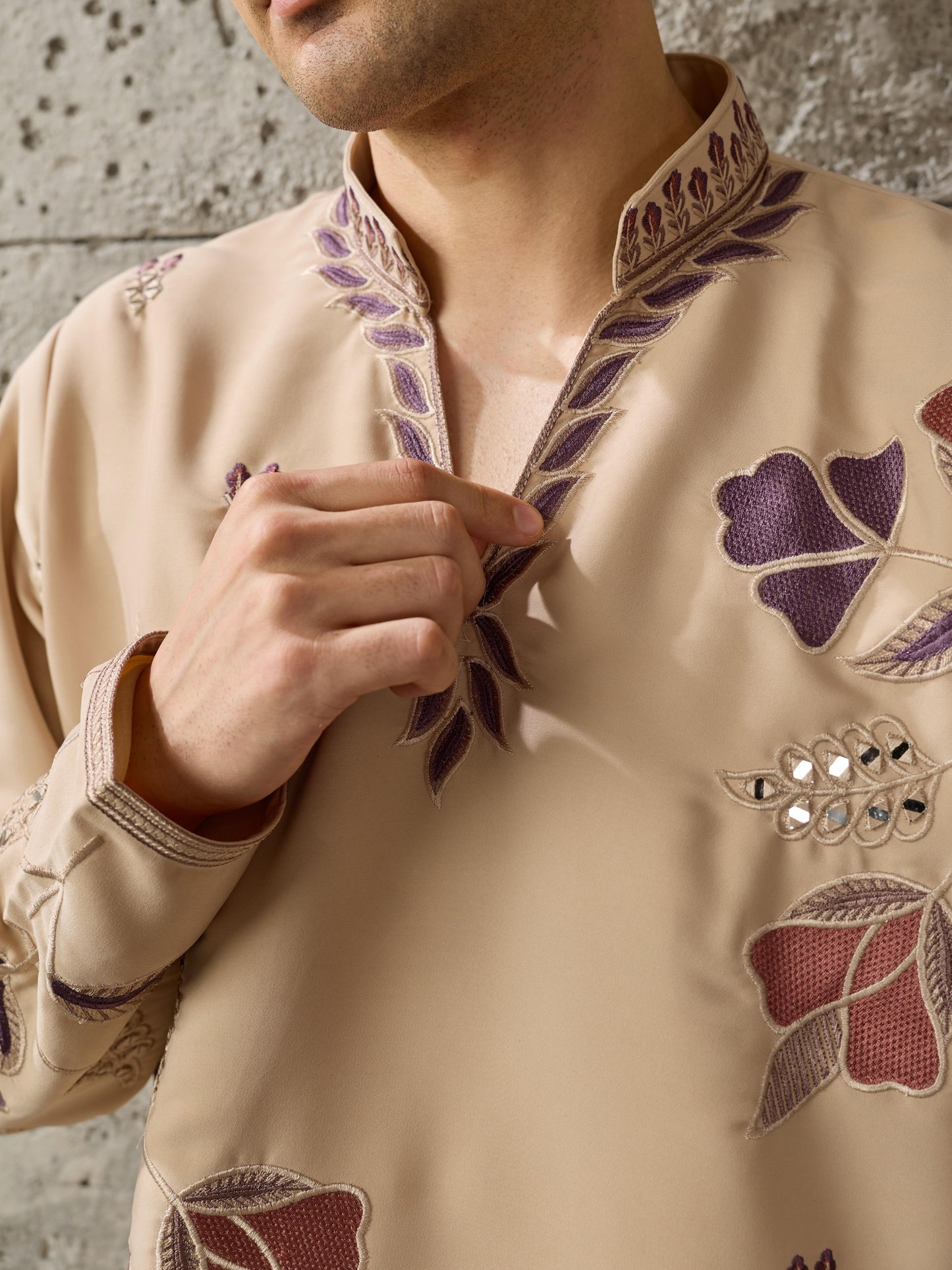 Beige V Neck Embroidered Kurta Set | Tulip Designer