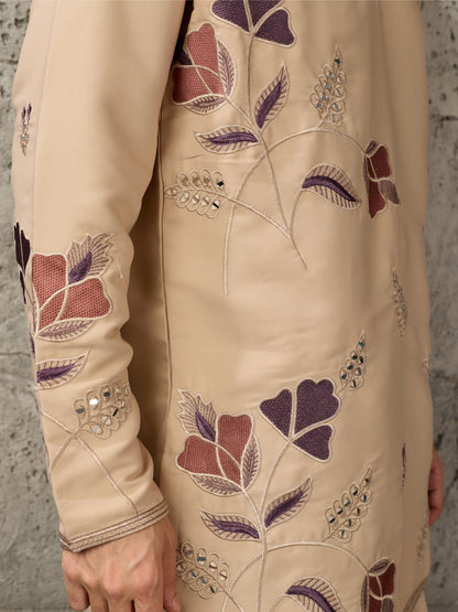 Beige V Neck Embroidered Kurta Set | Tulip Designer