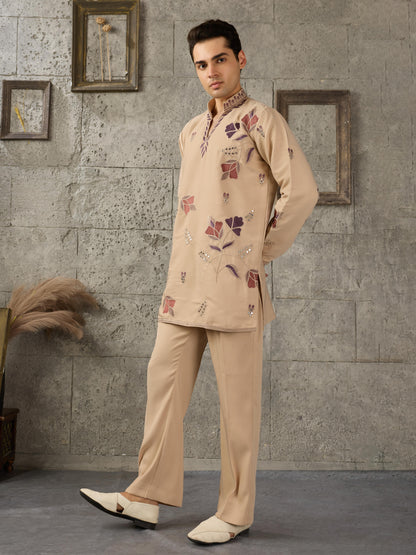 Beige V Neck Embroidered Kurta Set | Tulip Designer