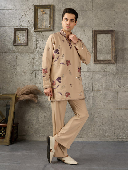 Beige V Neck Embroidered Kurta Set | Tulip Designer
