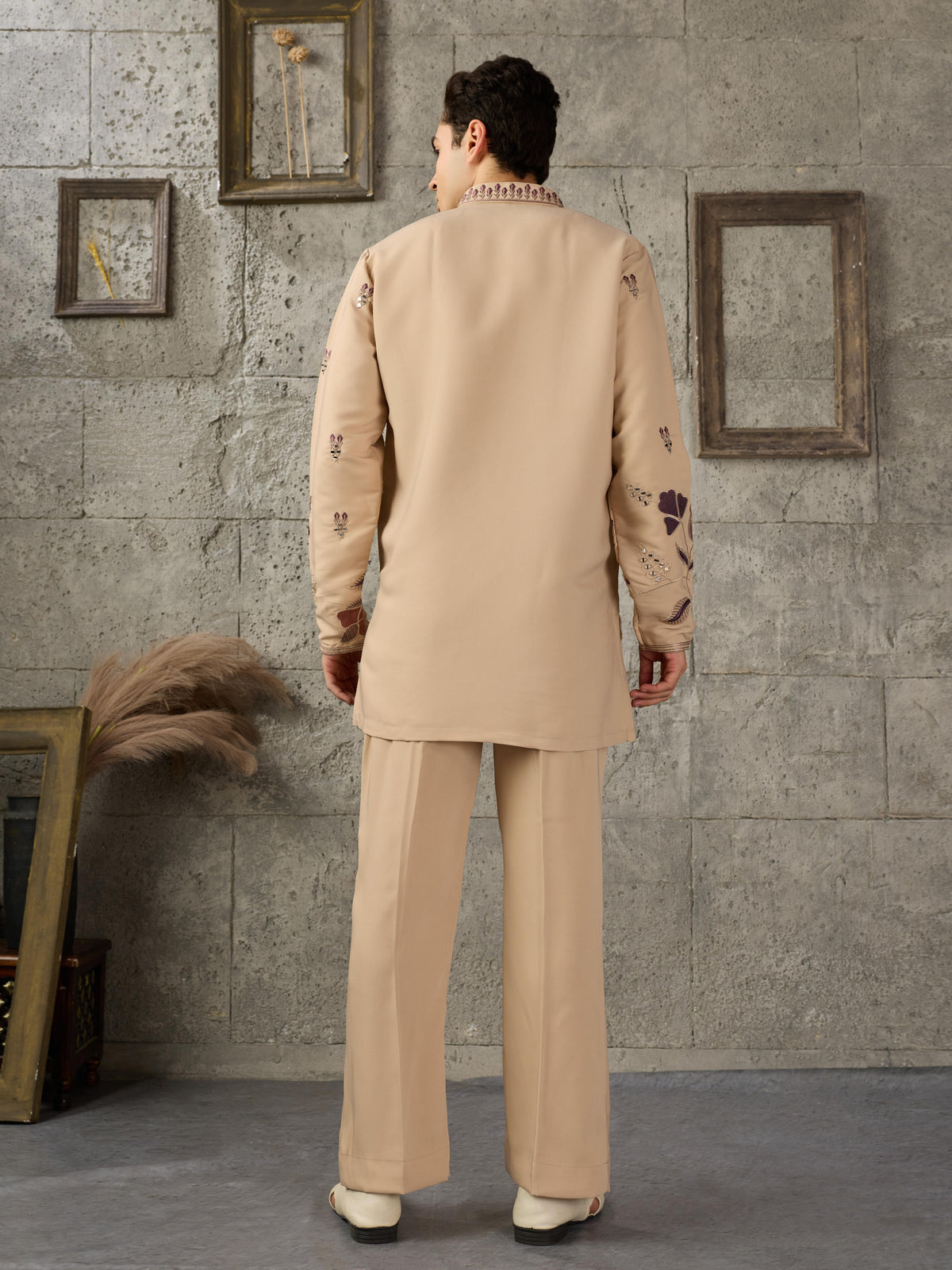 Beige V Neck Embroidered Kurta Set | Tulip Designer