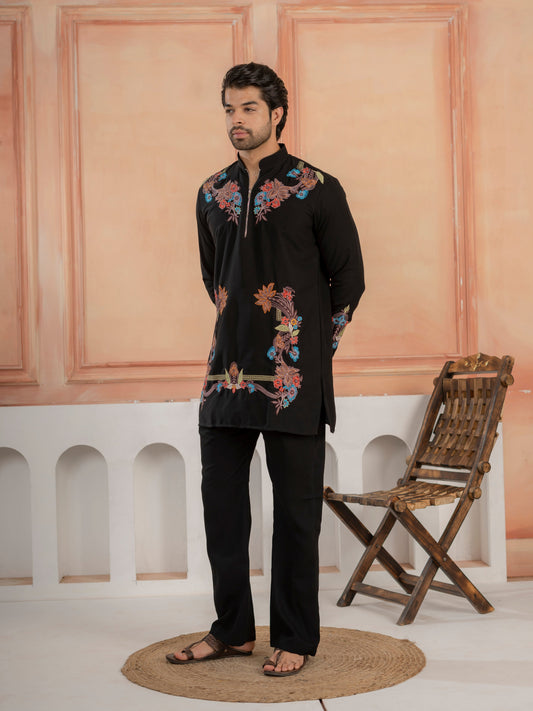 Black Armani Lachka Multicolor Embroidery Kurta & Bell Bottom Pant