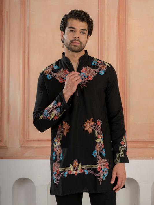 Black Armani Lachka Multicolor Embroidery Kurta & Bell Bottom Pant