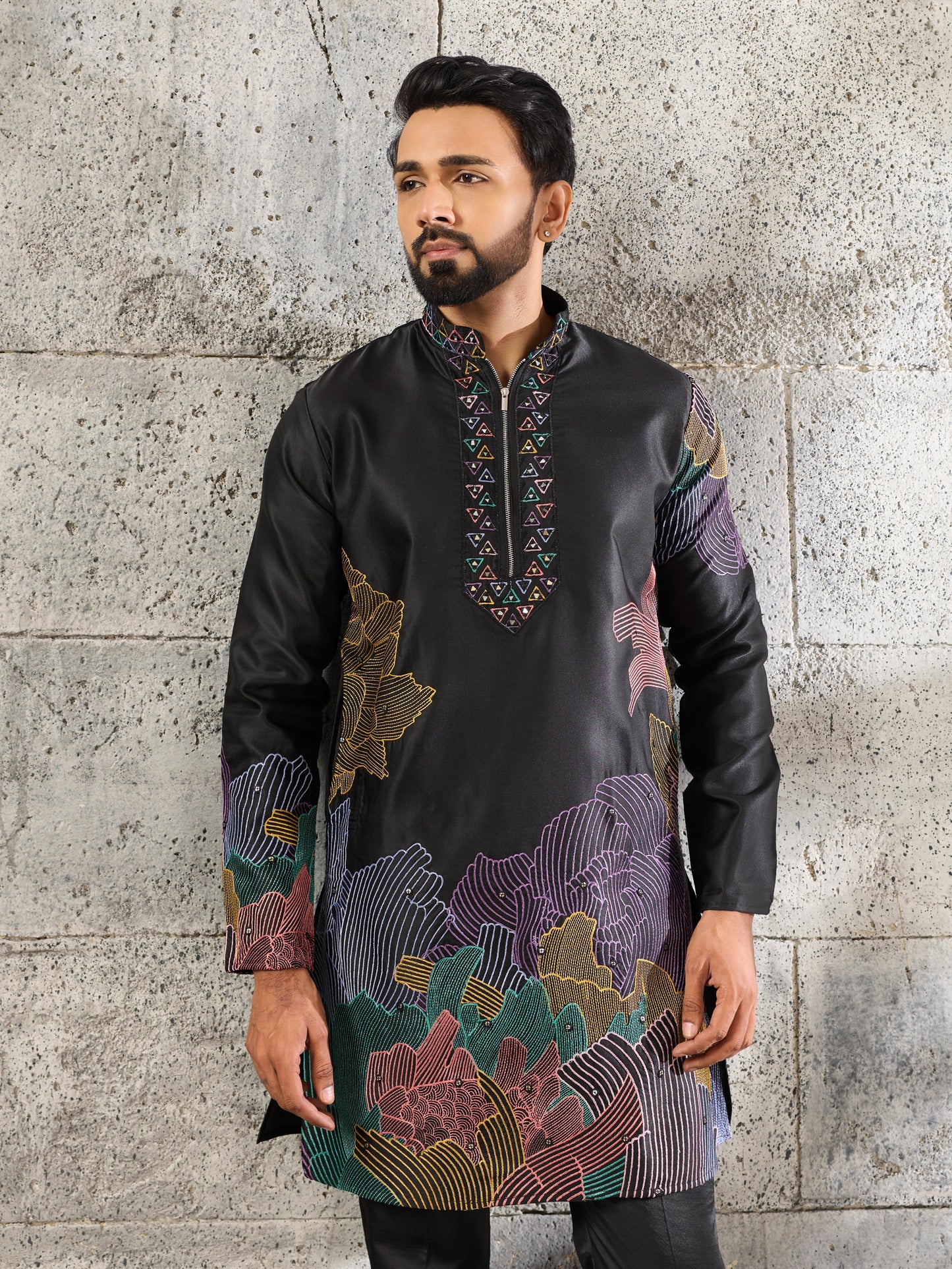 Bold Black Premium Soft Silk Thread Embroidered Kurta Pant Set