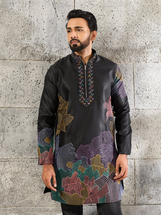 Bold Black Premium Soft Silk Thread Embroidered Kurta Pant Set