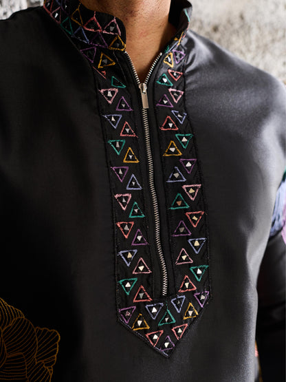 Bold Black Premium Soft Silk Thread Embroidered Kurta Pant Set