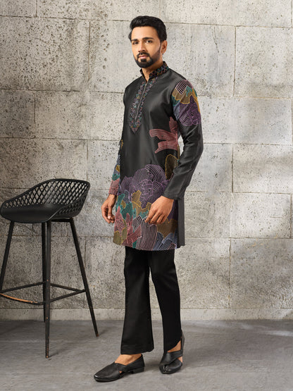Bold Black Premium Soft Silk Thread Embroidered Kurta Pant Set