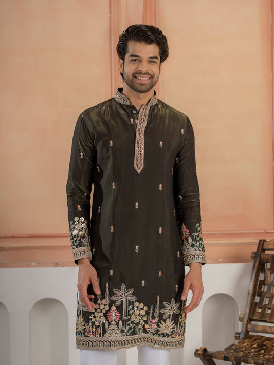 Black Roman Shimmer Double Golden Sequence Work Kurta For Mens