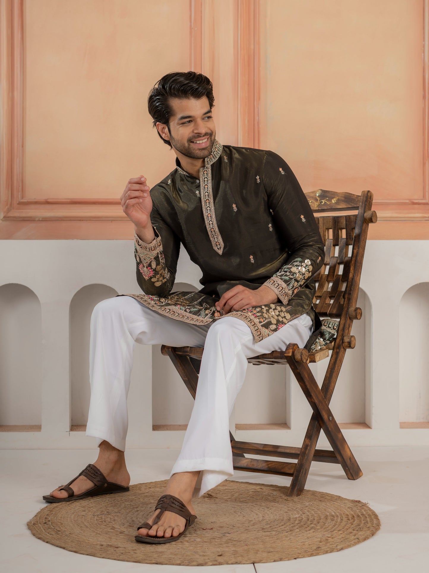 Black Roman Shimmer Double Golden Sequence Work Kurta For Mens