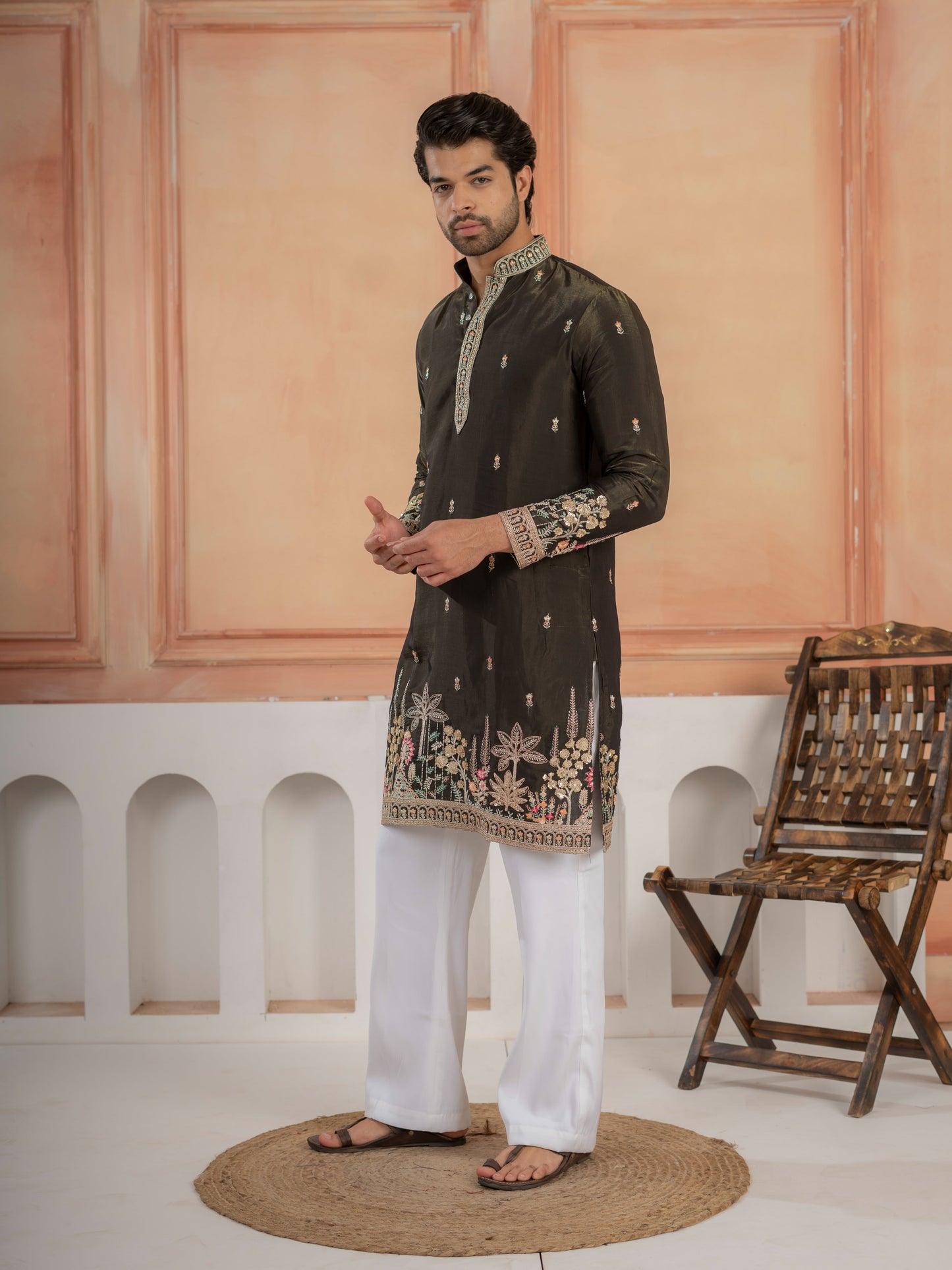 Black Roman Shimmer Double Golden Sequence Work Kurta For Mens