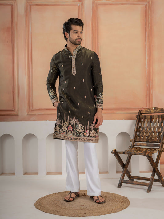 Black Roman Shimmer Double Golden Sequence Work Kurta For Mens