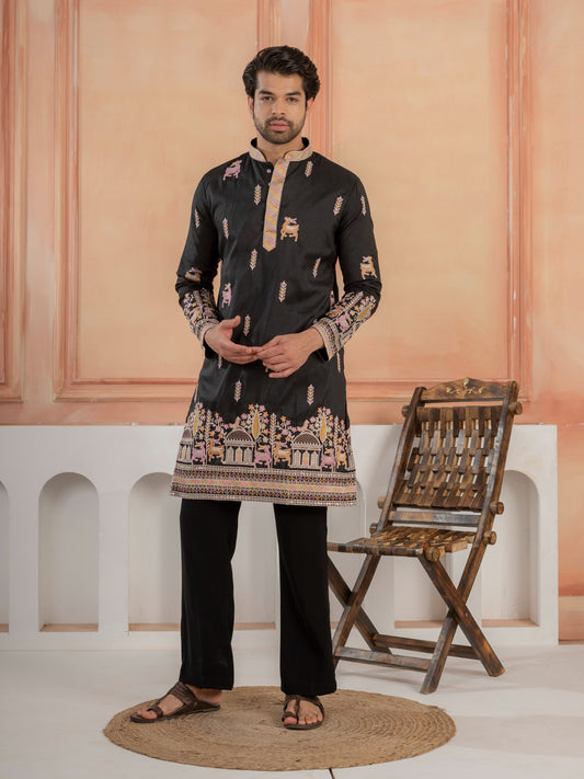 Designer Black Soft Silk Embroidered Work Kurta Set For Men
