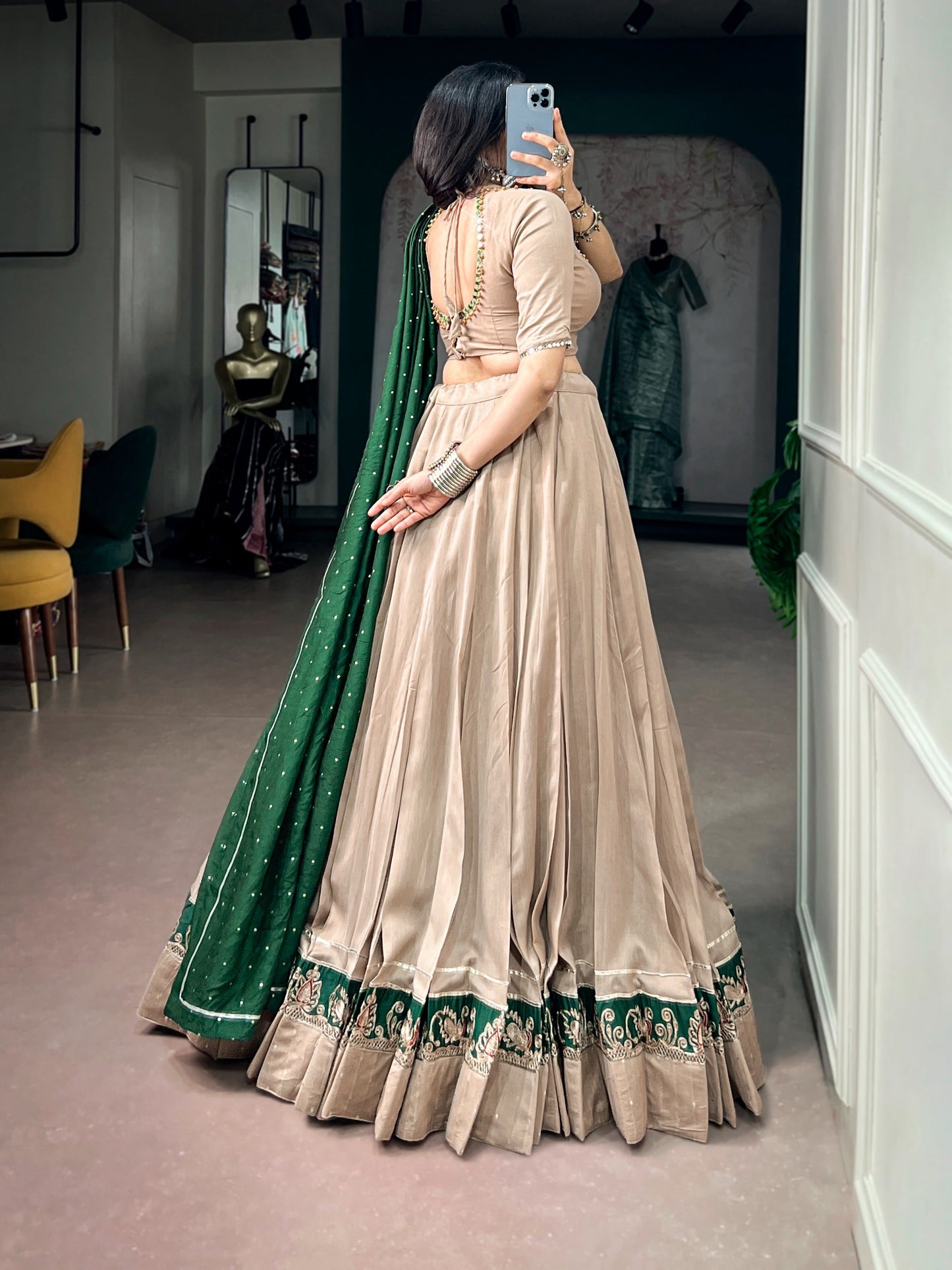 Beige Chanderi Gota Patti Lehenga Set | Tulip Designer