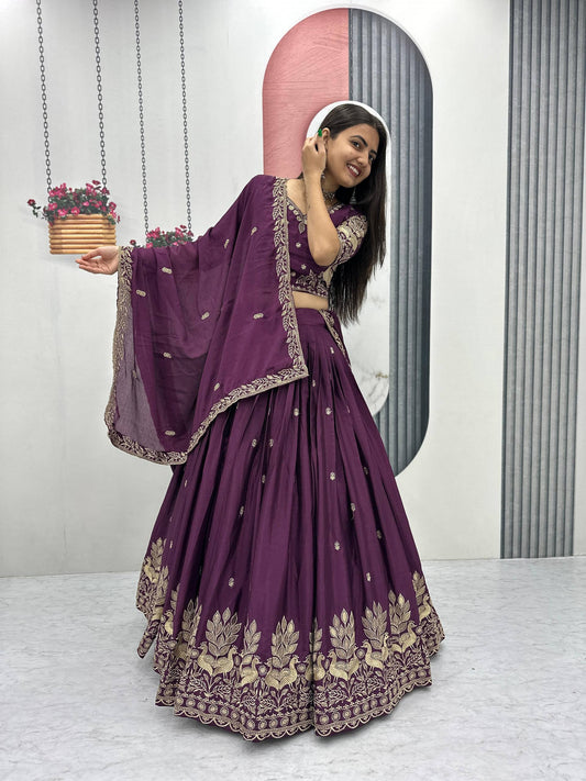 Festival-Ready Chinon Silk Lehenga Choli with Thread Embroidery Work