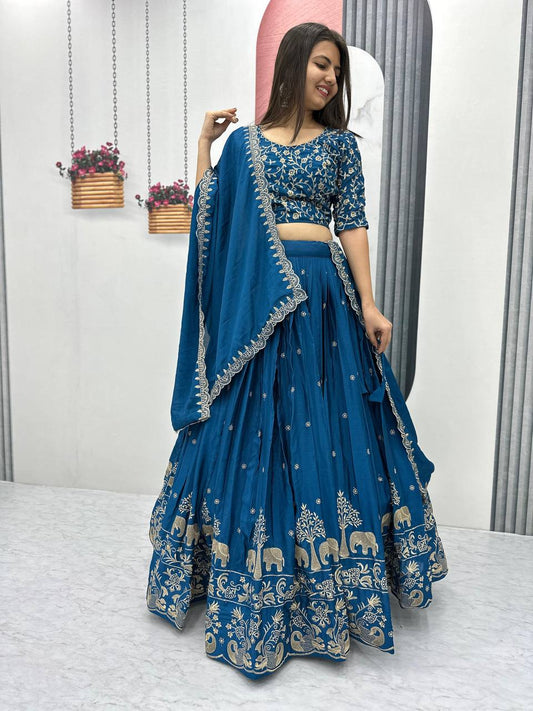Beautiful Chinon Silk Embroidery Thread Work Ready to Wear Lehenga Choli 