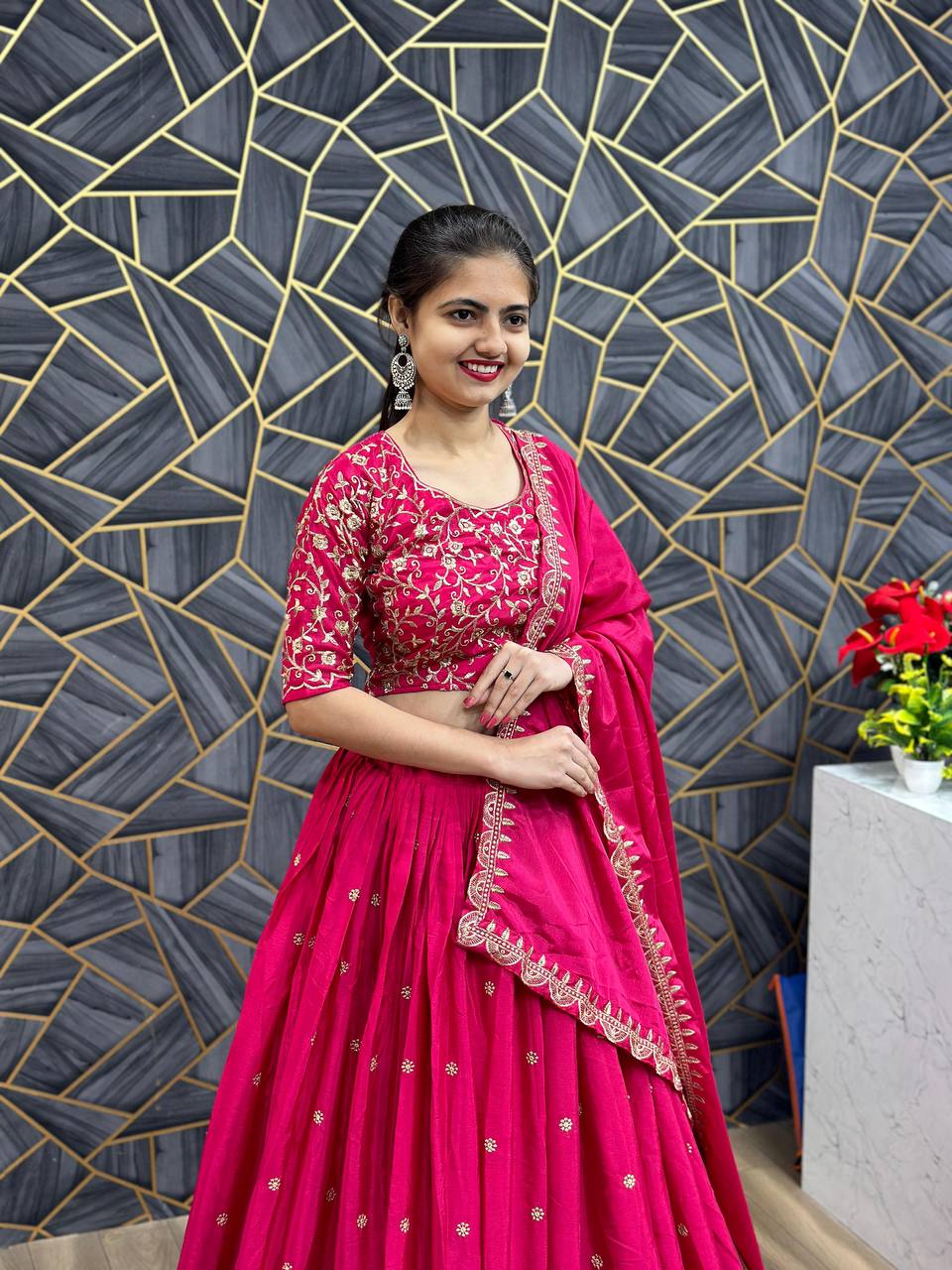 Beautiful Chinon Silk Embroidery Thread  Work Ready to Wear Lehenga Choli
