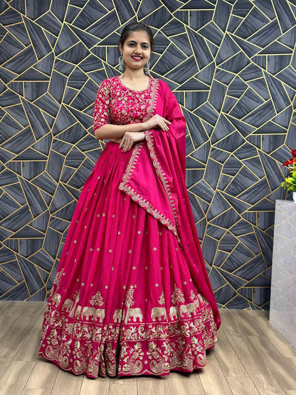 Beautiful Chinon Silk Embroidery Thread Work Ready to Wear Lehenga Choli 