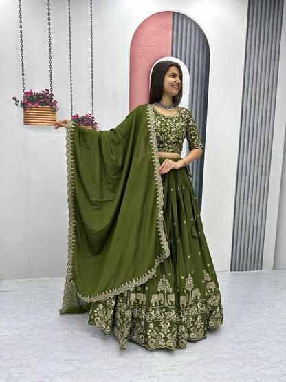 Beautiful Chinon Silk Embroidery Thread  Work Ready to Wear Lehenga Choli