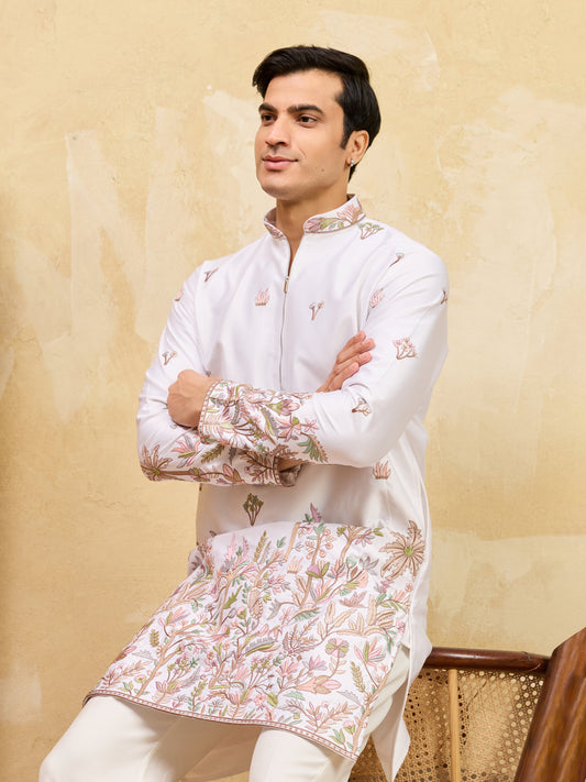 Classic White Thread & Sequence Embroidered Work Kurta Set