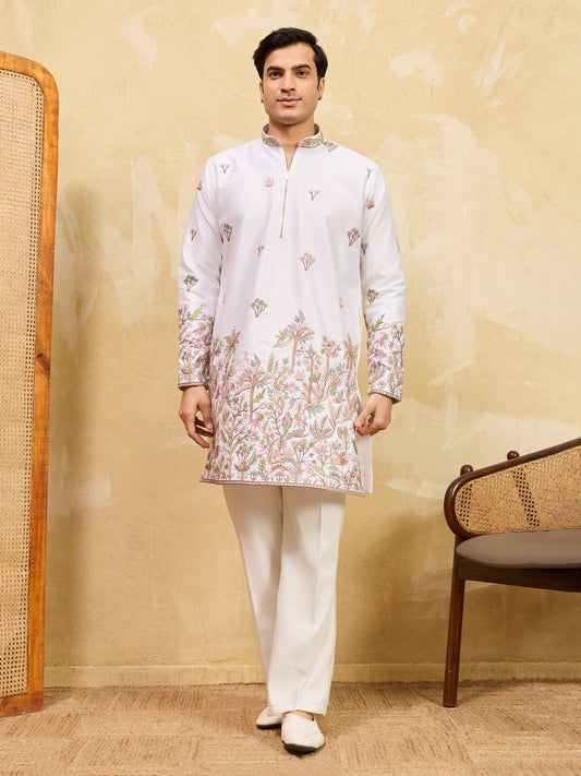 Classic White Thread & Sequence Embroidered Work Kurta Set