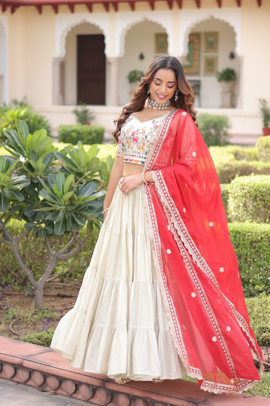 Elegant Cosmos Silk Lehenga Set with Embroidered Blouse & Designer Dupatta