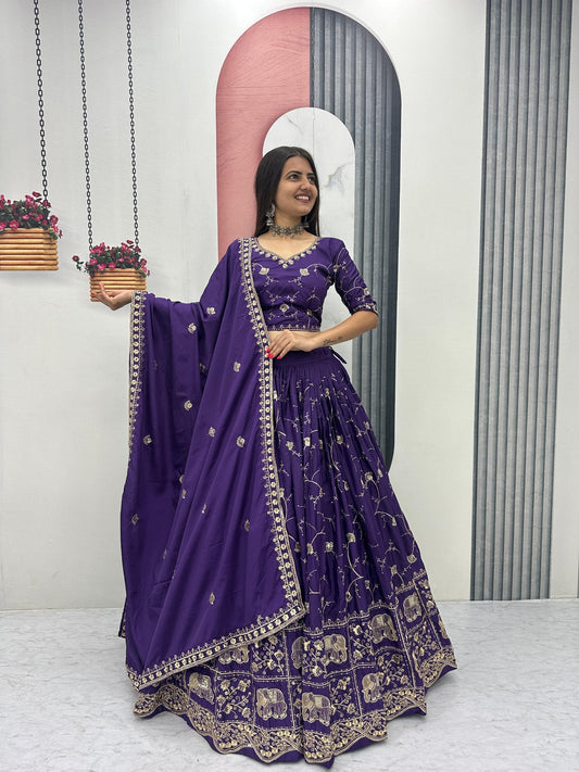 Wedding Special Crepe Silk Thread Embroidered Work Lehenga Dupatta Set 