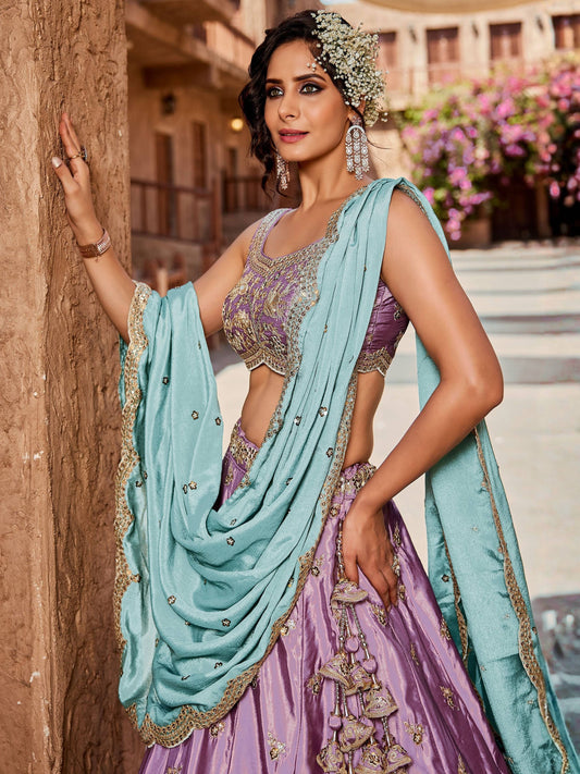 Designer Lavender Art Silk Floral Zari Dori Work Lehenga Choli with Chinon Dupatta