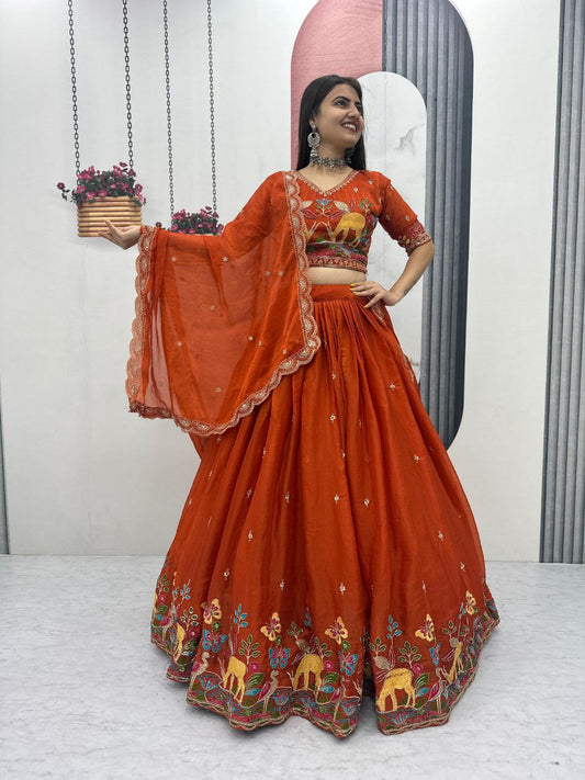 Festive Moss Shimmer Embroidered Lehenga Choli Set with Dupatta