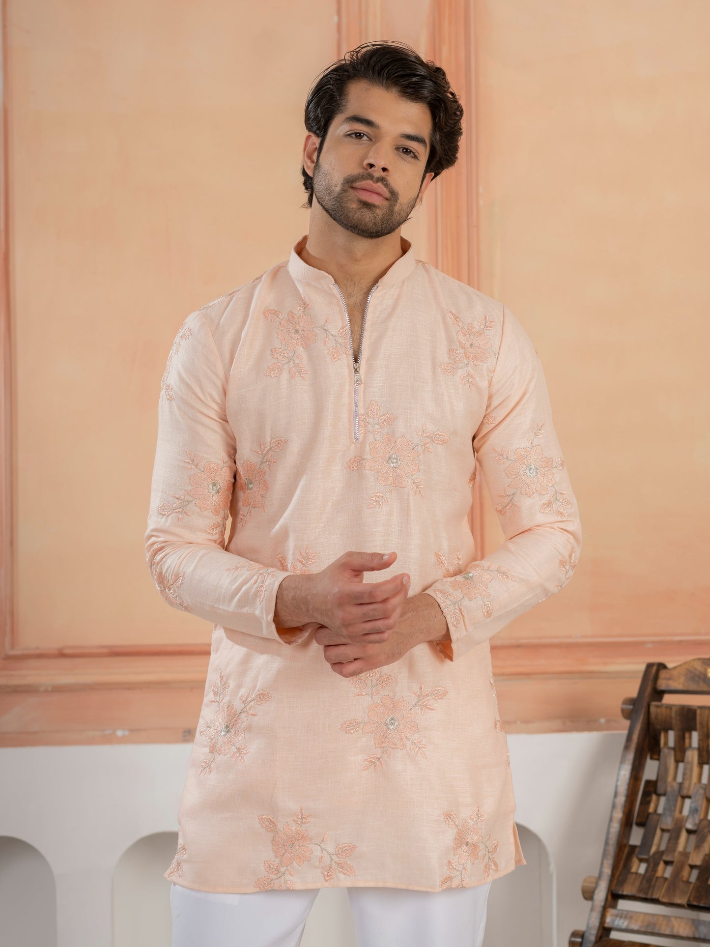 Designer Light Orange Golden Embroidered Work Kurta Set For Festive Wear