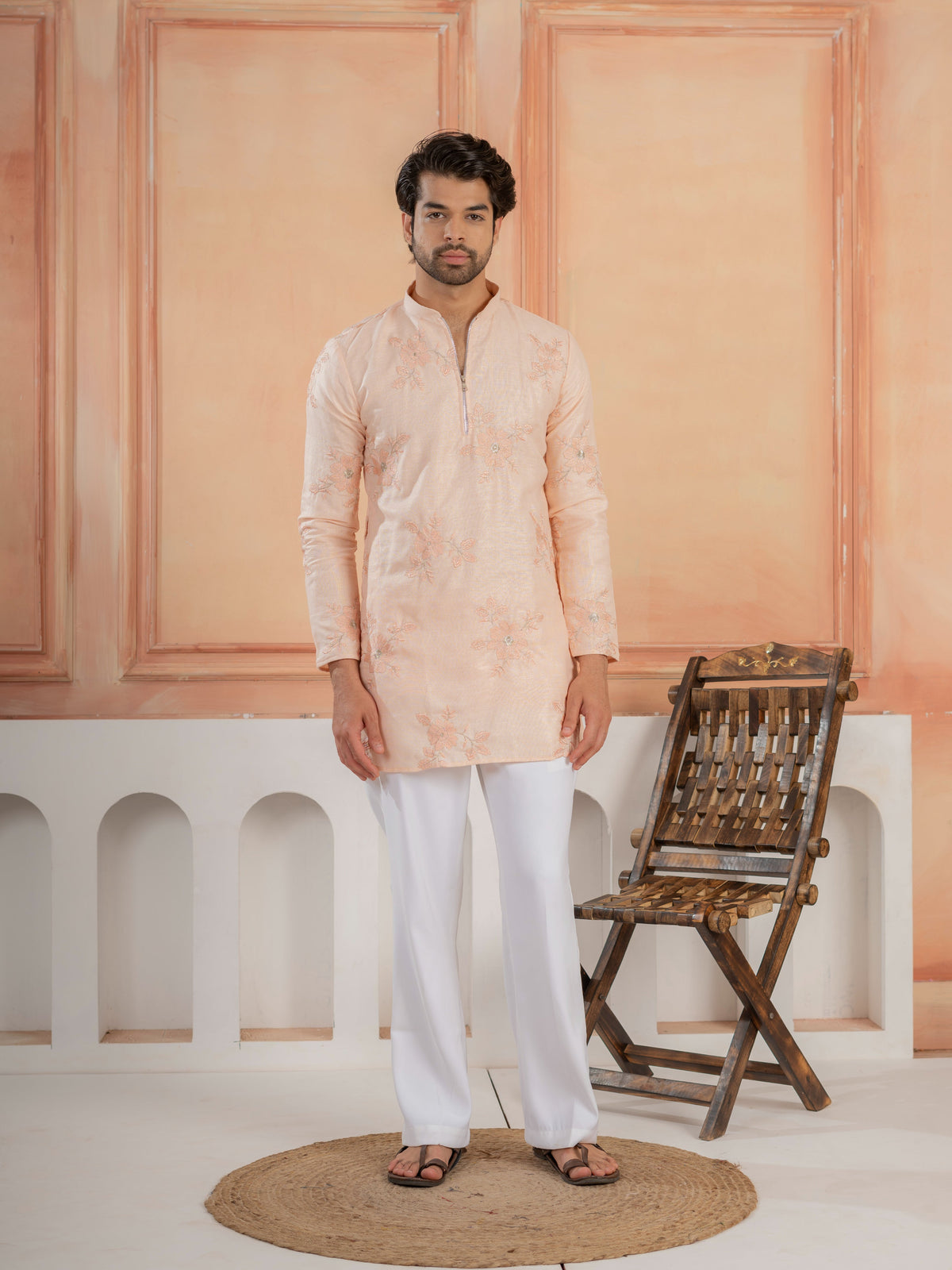 Designer Light Orange Golden Embroidered Work Kurta Set For Festive Wear