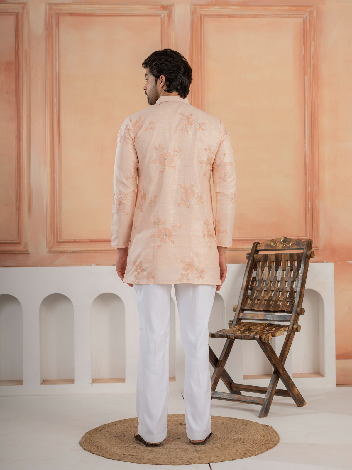 Designer Light Orange Golden Embroidered Work Kurta Set For Festive Wear