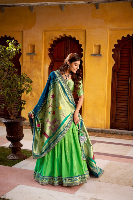 Designer Premium Paithani Soft Silk Zari Weaving Sequins With Thread Embroidery Lehenga Set