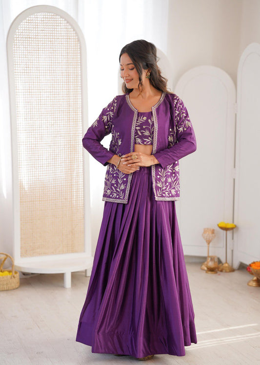 Purple Heavy Chinon Silk Embroidered Lehenga Choli Set With Koti