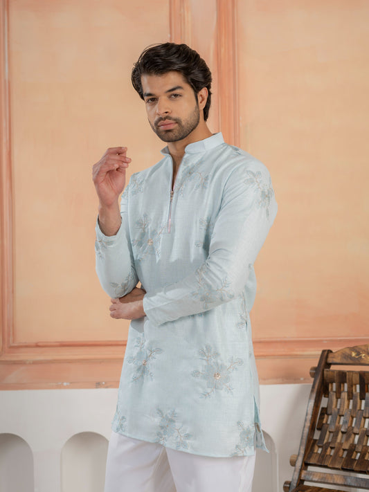 Elegant Sky Pure Linen Golden Embroidered Kurta For Mens
