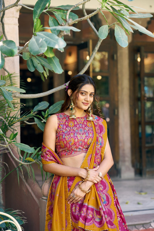 Designer Festive Tasar Silk Foil Printed Lehenga Choli Set For Women