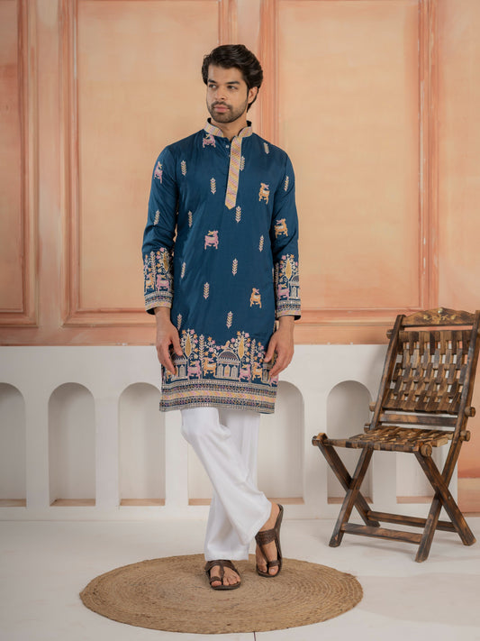 Elegant Teal Blue Soft Silk Embroidery Kurta For Festive Wear