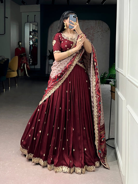 Traditional Vichitra Silk Sequins & Embroidered Lehenga Choli Set
