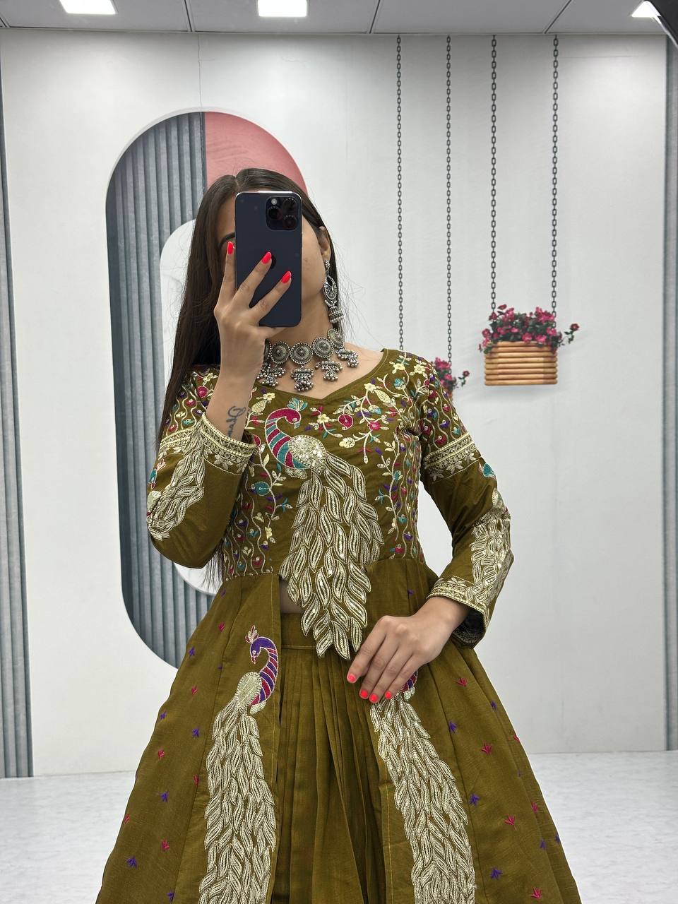 Festival Special Vichitra Silk Crop Top with Shrug & Lehenga