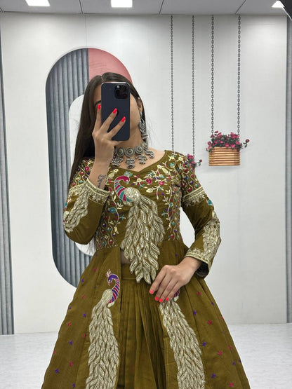 Festival Special Vichitra Silk Crop Top with Shrug & Lehenga