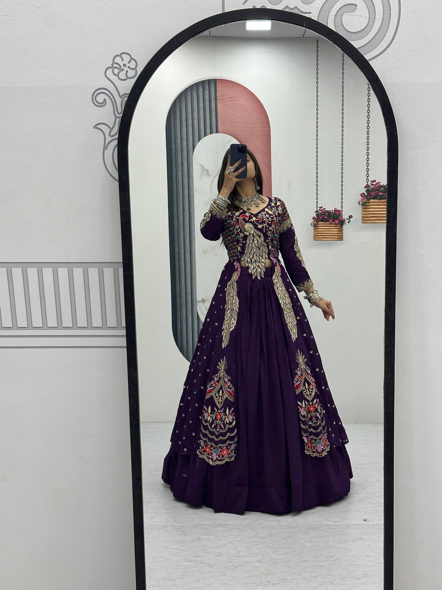 Festival Special Vichitra Silk Crop Top with Shrug & Lehenga 