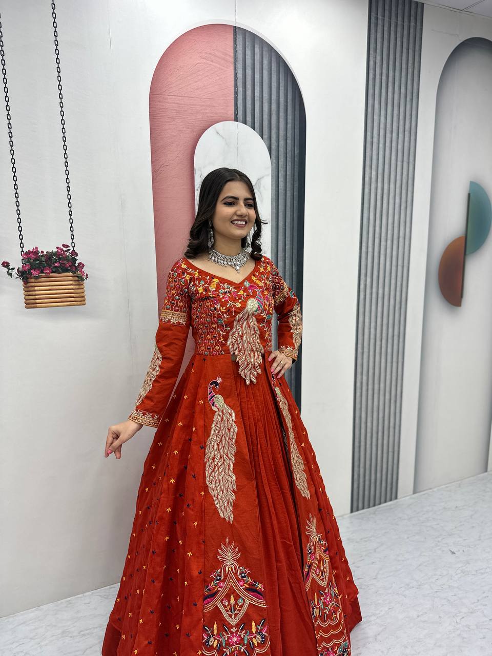 Festival Special Vichitra Silk Crop Top with Shrug & Lehenga