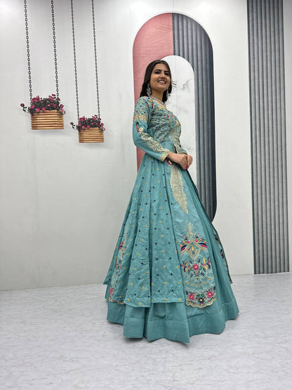 Festival Special Vichitra Silk Crop Top with Shrug & Lehenga