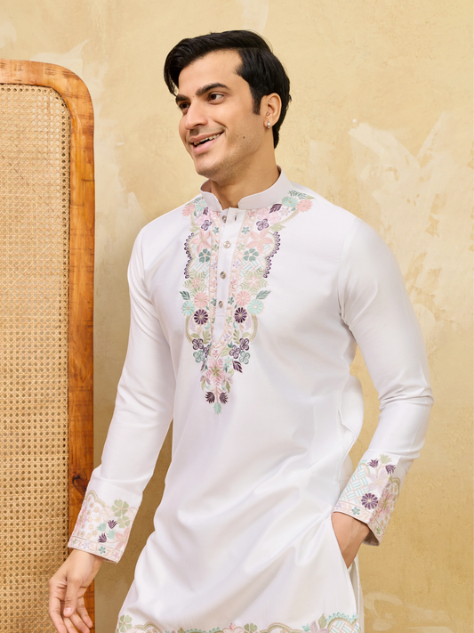 Classic White Thread Work Kurta Set For Festive Wear