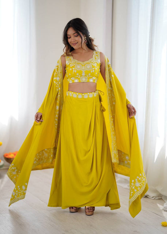 Stylish Yellow French Crepe Thread & Sequence Work Western Dhoti Set