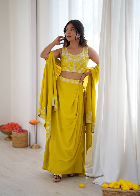 Stylish Yellow French Crepe Thread & Sequence Work Western Dhoti Set